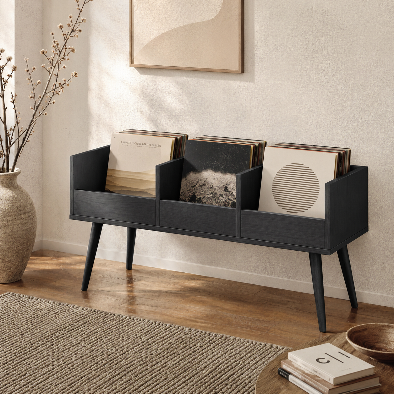 Mid-Century Vinyl Record Storage Stand – 3-Compartment LP Organizer & Record Display Cabinet