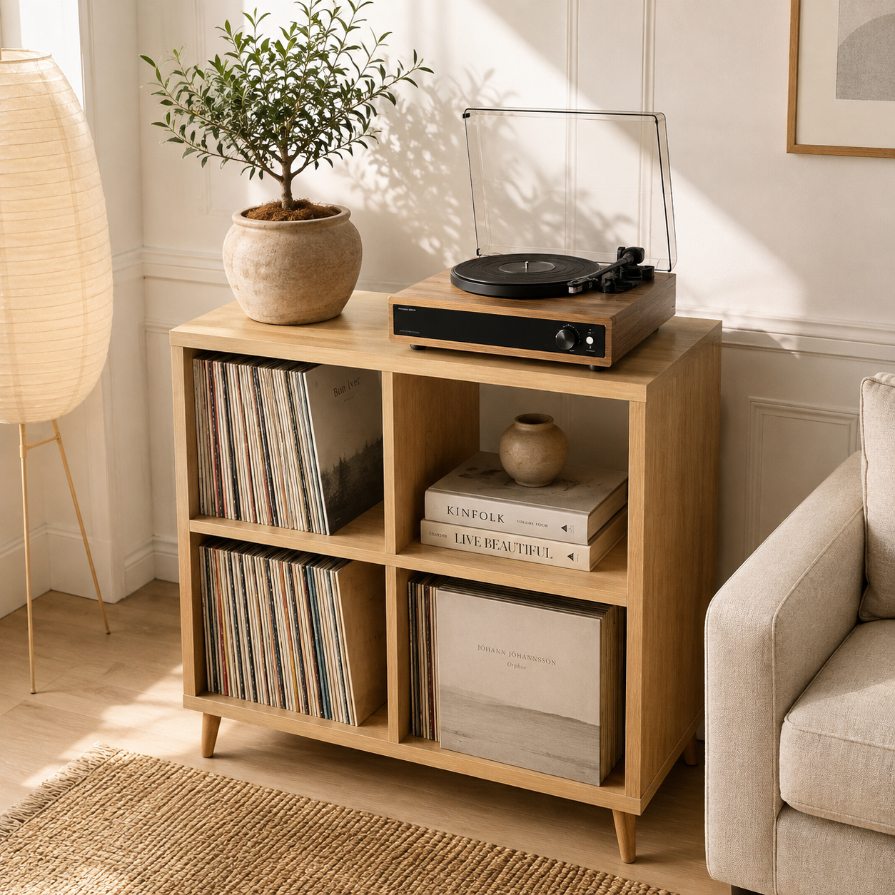 Mid-Century Record Player Stand with Vinyl Storage – Turntable Cabinet & LP Organizer