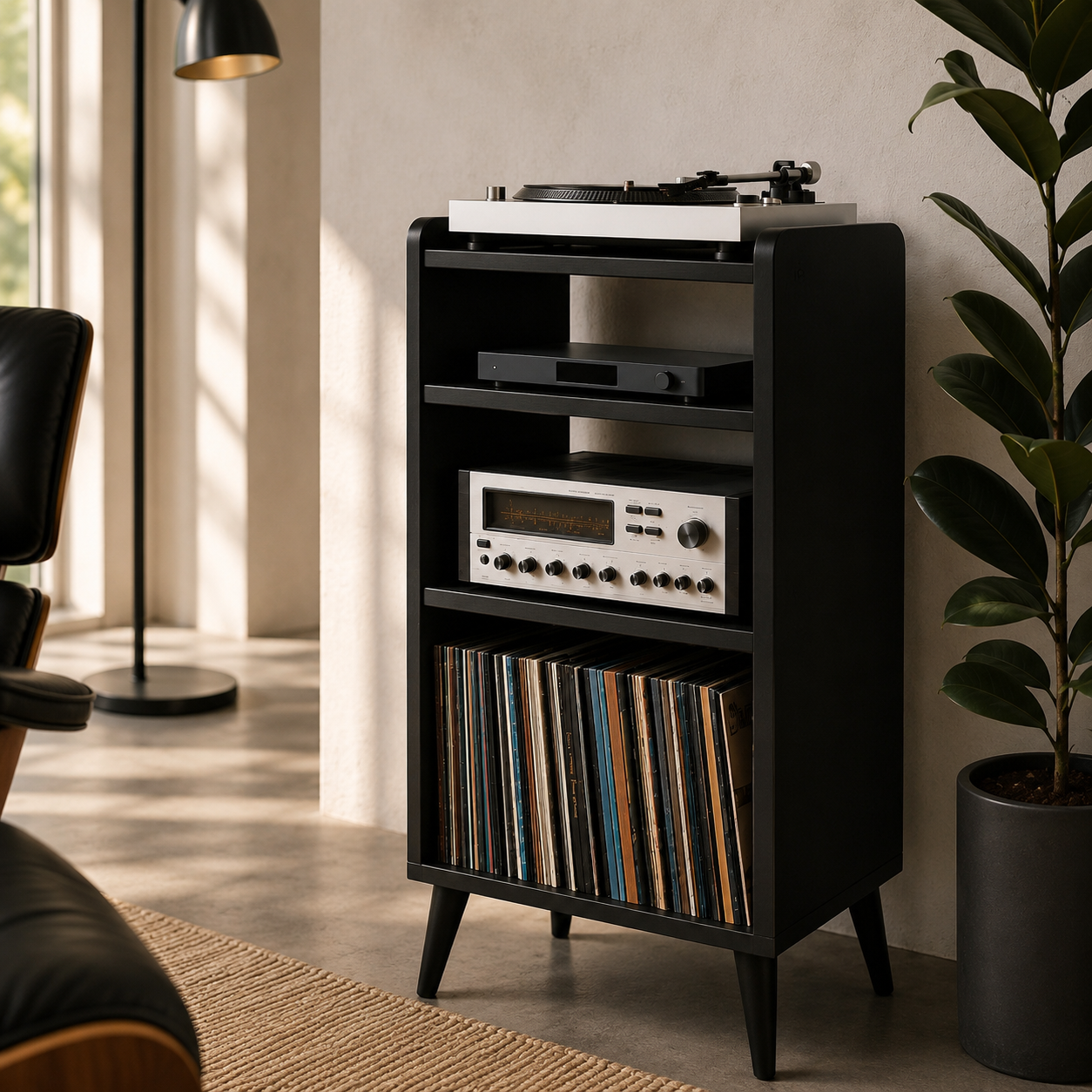 Narrow Record Player Stand with Vinyl Storage – Tall Turntable Stand & LP Organizer