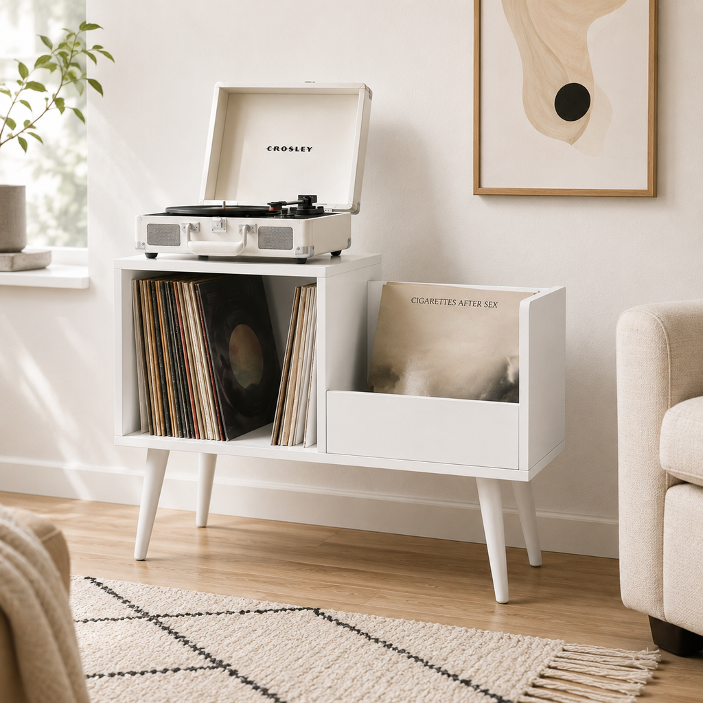 Mid-Century Vinyl Record Storage Stand – 2-Compartment LP Organizer & Record Display Cabinet