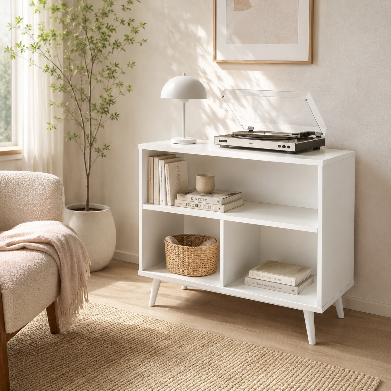Tall Record Player Stand with Vinyl Storage – Mid-Century Turntable Stand & LP Organizer