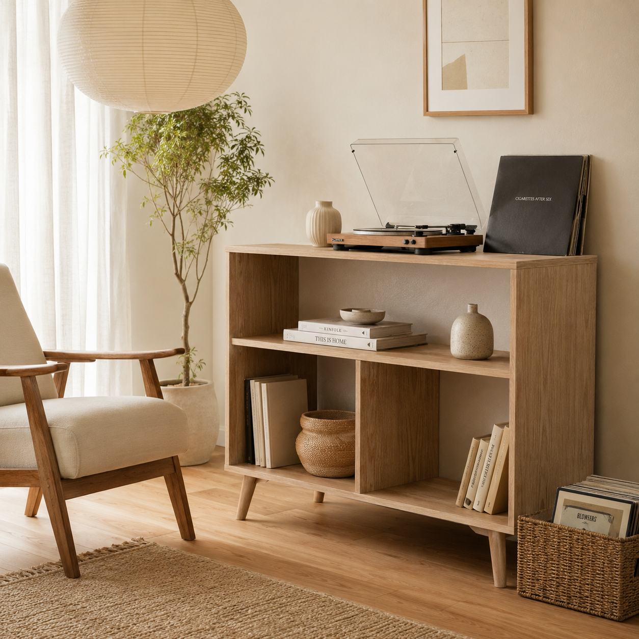 Tall Record Player Stand with Vinyl Storage – Mid-Century Turntable Stand & LP Organizer