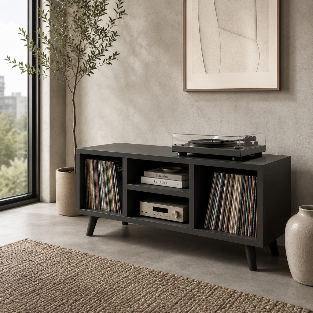Mid-Century Record Player Stand with Vinyl Storage – Low Turntable Console & LP Storage Cabinet