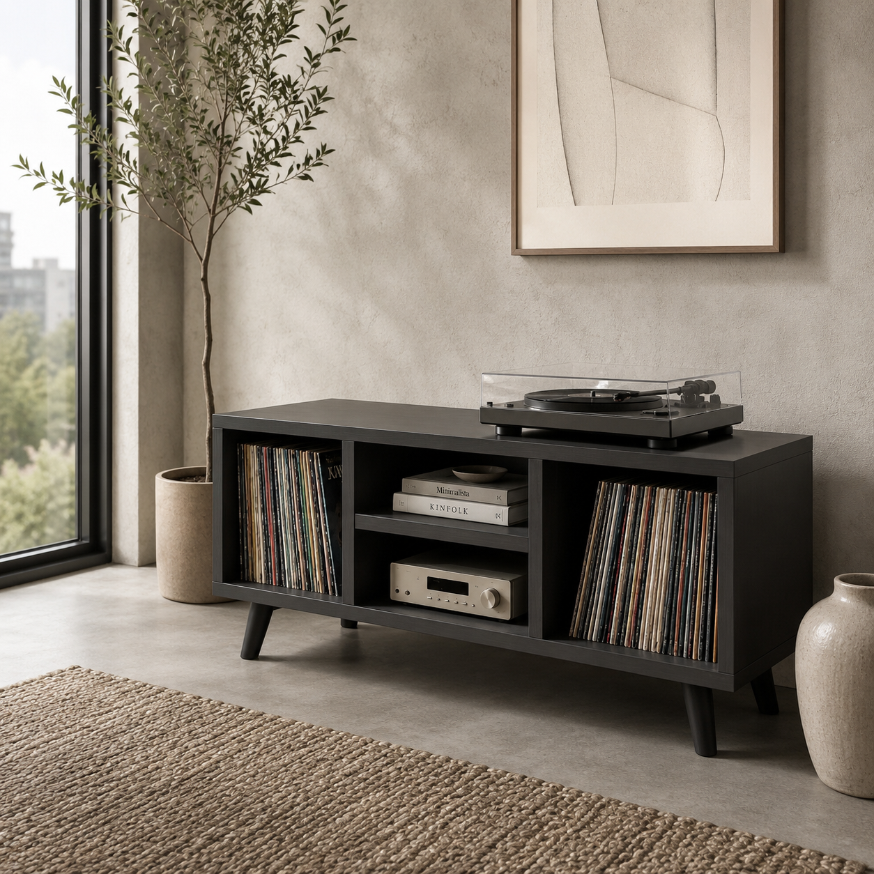 Mid-Century Record Player Stand with Vinyl Storage – Low Turntable Console & LP Storage Cabinet