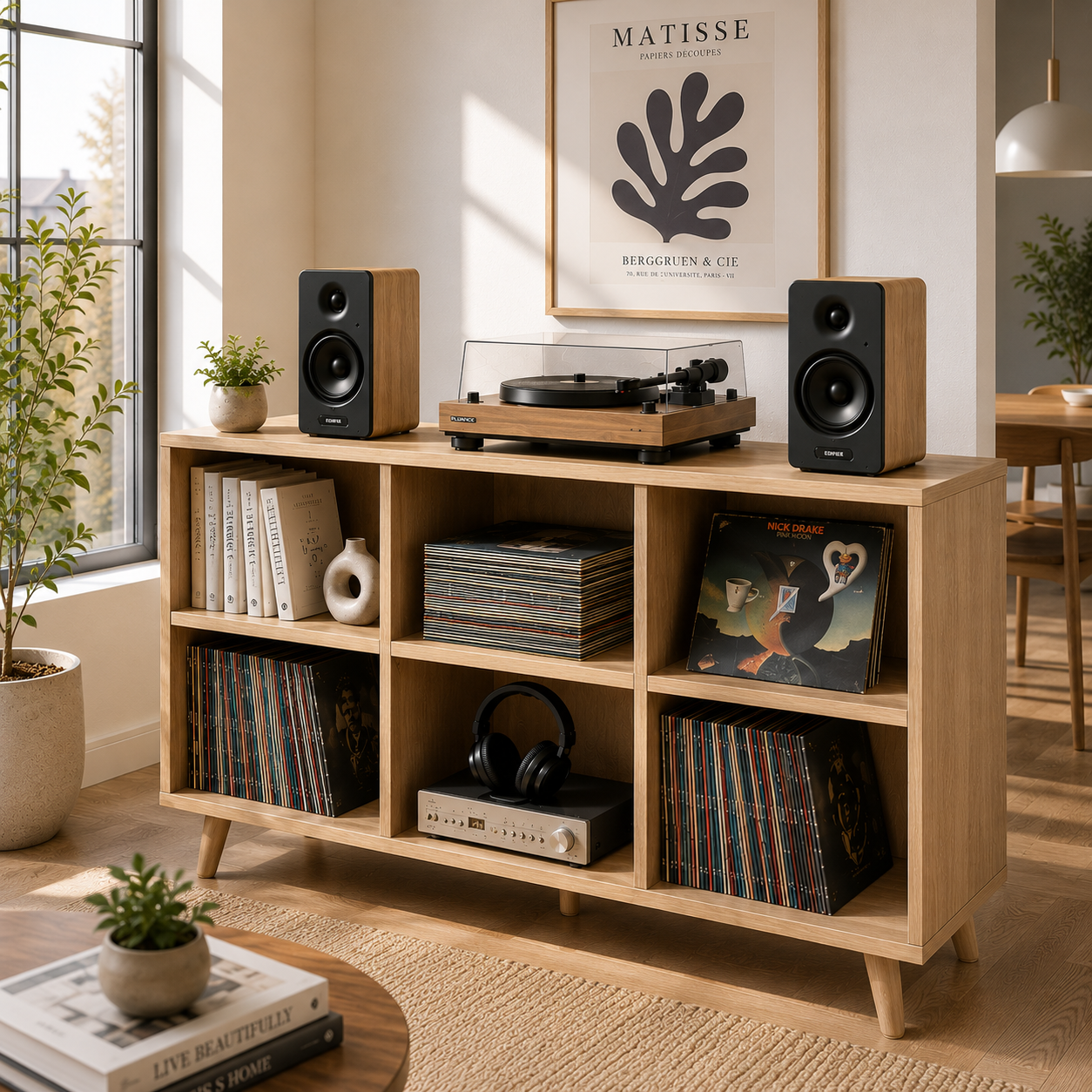 Mid-Century Record Player Stand with Vinyl Storage – Turntable Console & LP Storage Cabinet