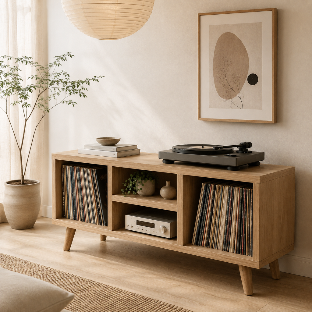 Mid-Century Record Player Stand with Vinyl Storage – Low Turntable Console & LP Storage Cabinet