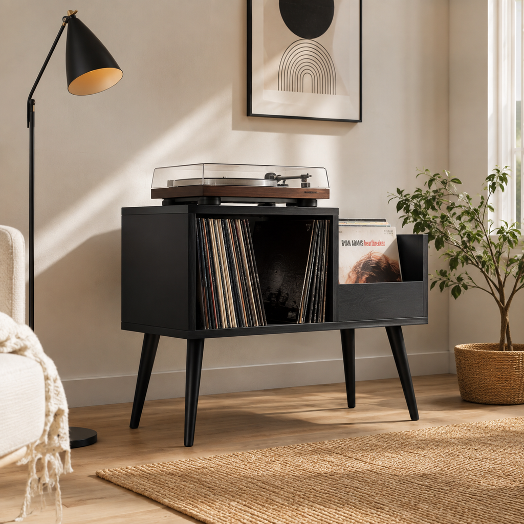 Mid-Century Vinyl Record Storage Stand – 2-Compartment LP Organizer & Record Display Cabinet