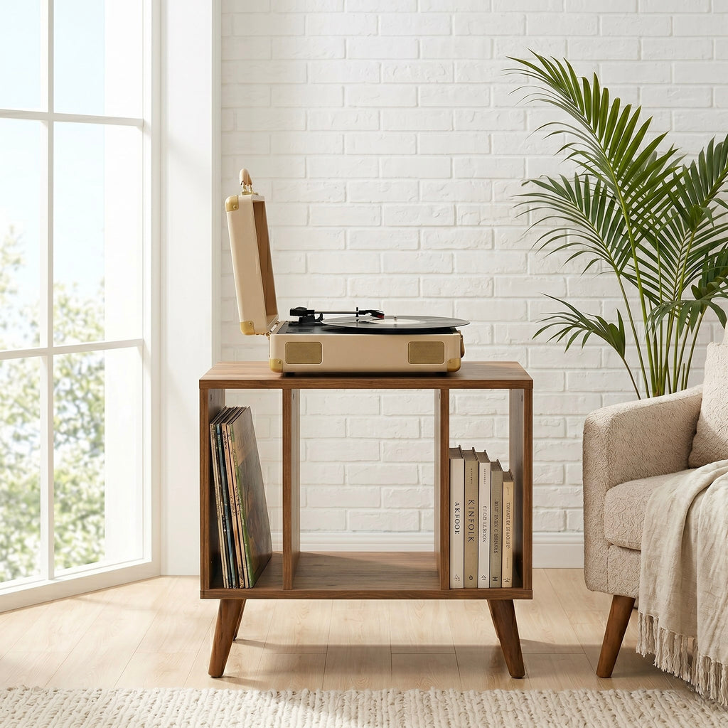 Mid Century Modern Vinyl Record Stand | Wooden Turntable Storage Cabinet | Record Player Table