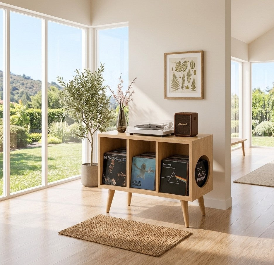 Mid Century Modern Vinyl Record Stand | Wooden Turntable Storage Cabinet | Record Player Table