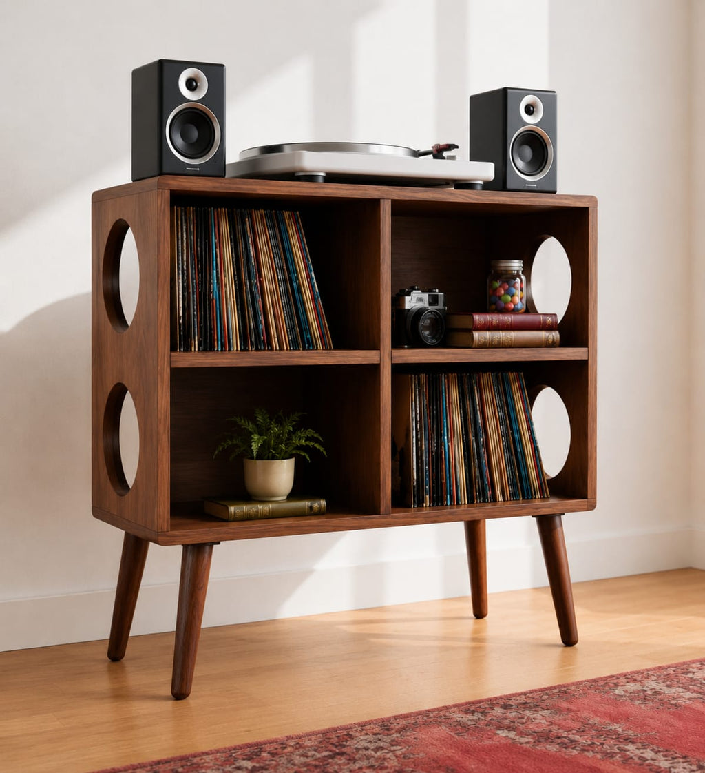 Mid Century Modern Vinyl Record Stand | Wooden Turntable Storage Cabinet | Record Player Table