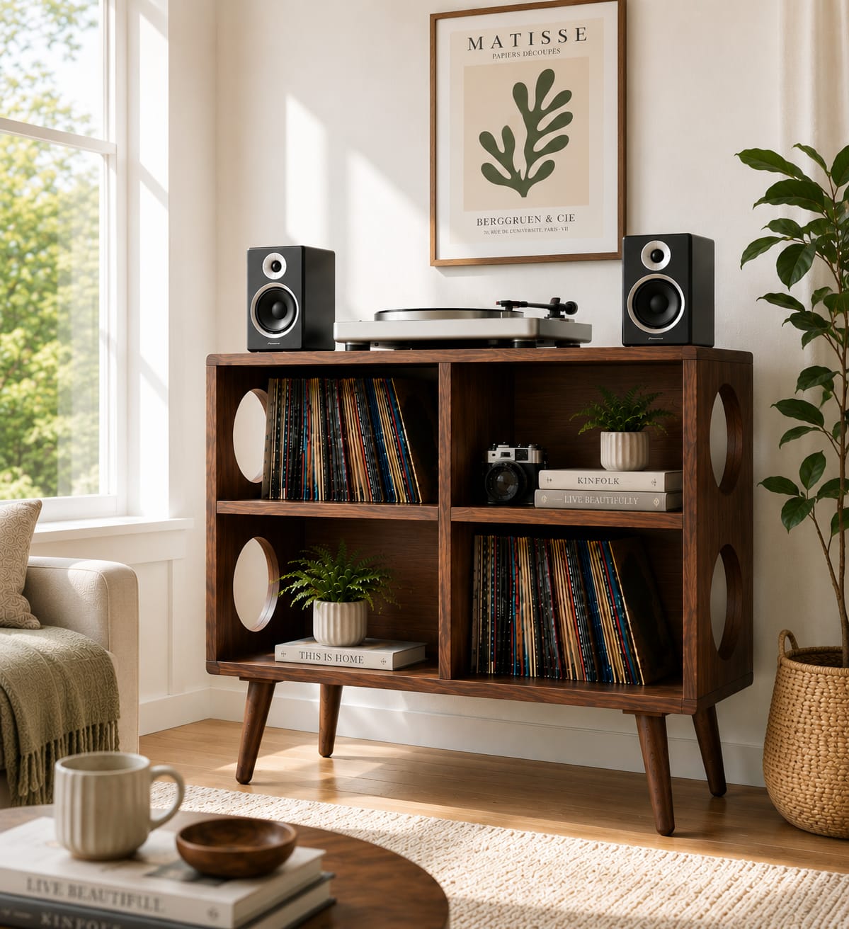 Mid Century Modern Vinyl Record Stand | Wooden Turntable Storage Cabinet | Record Player Table