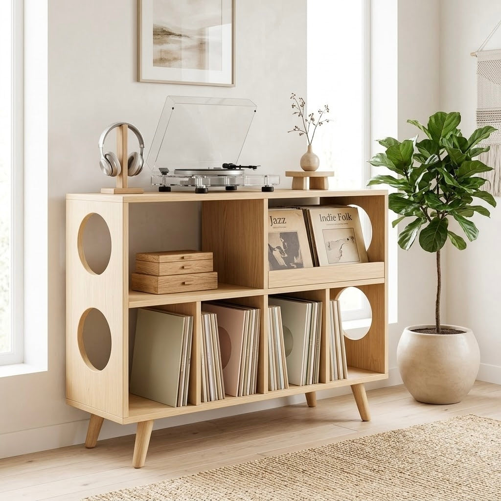 Record Player Stand with Vinyl Storage, Solid Wood Media Console, Mid Century Modern LP Record Cabinet
