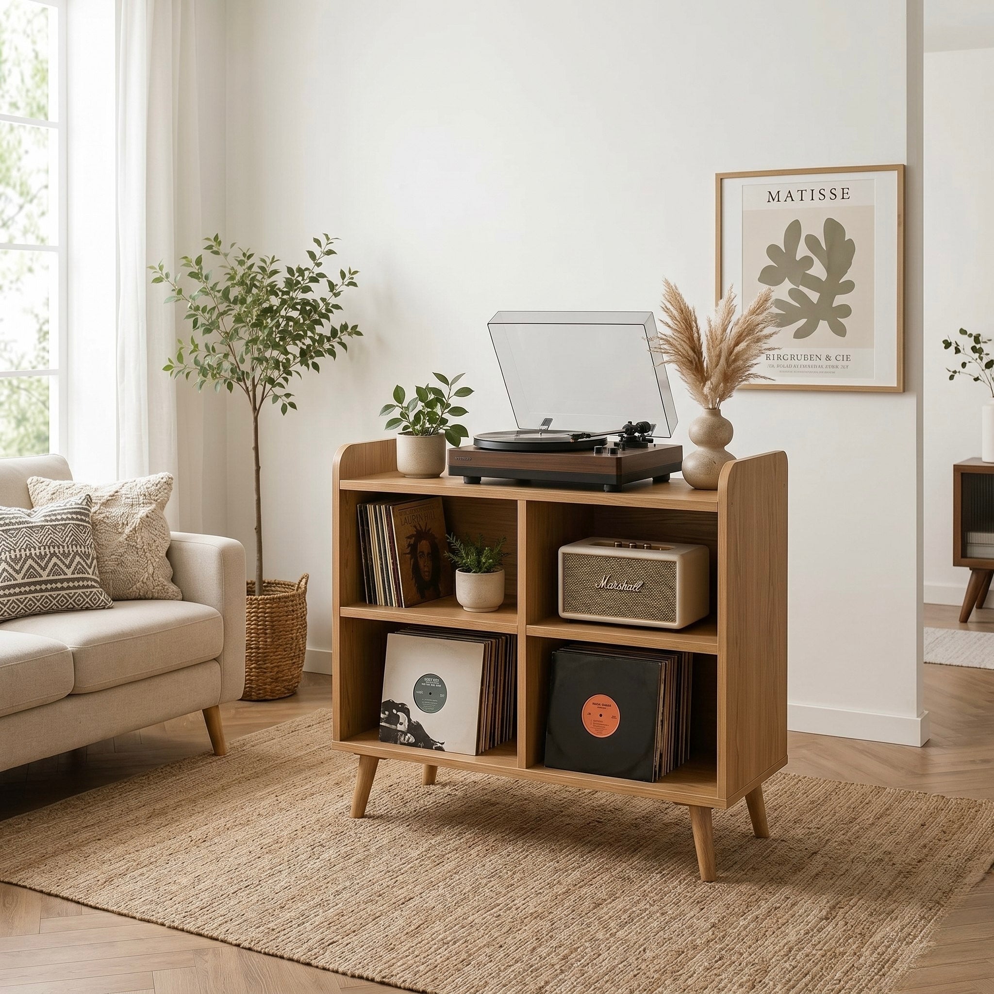 Solid Wood Record Player Stand, Vinyl Record Storage Cabinet, Turntable Stand, Mid Century Media Console, LP Storage Shelf