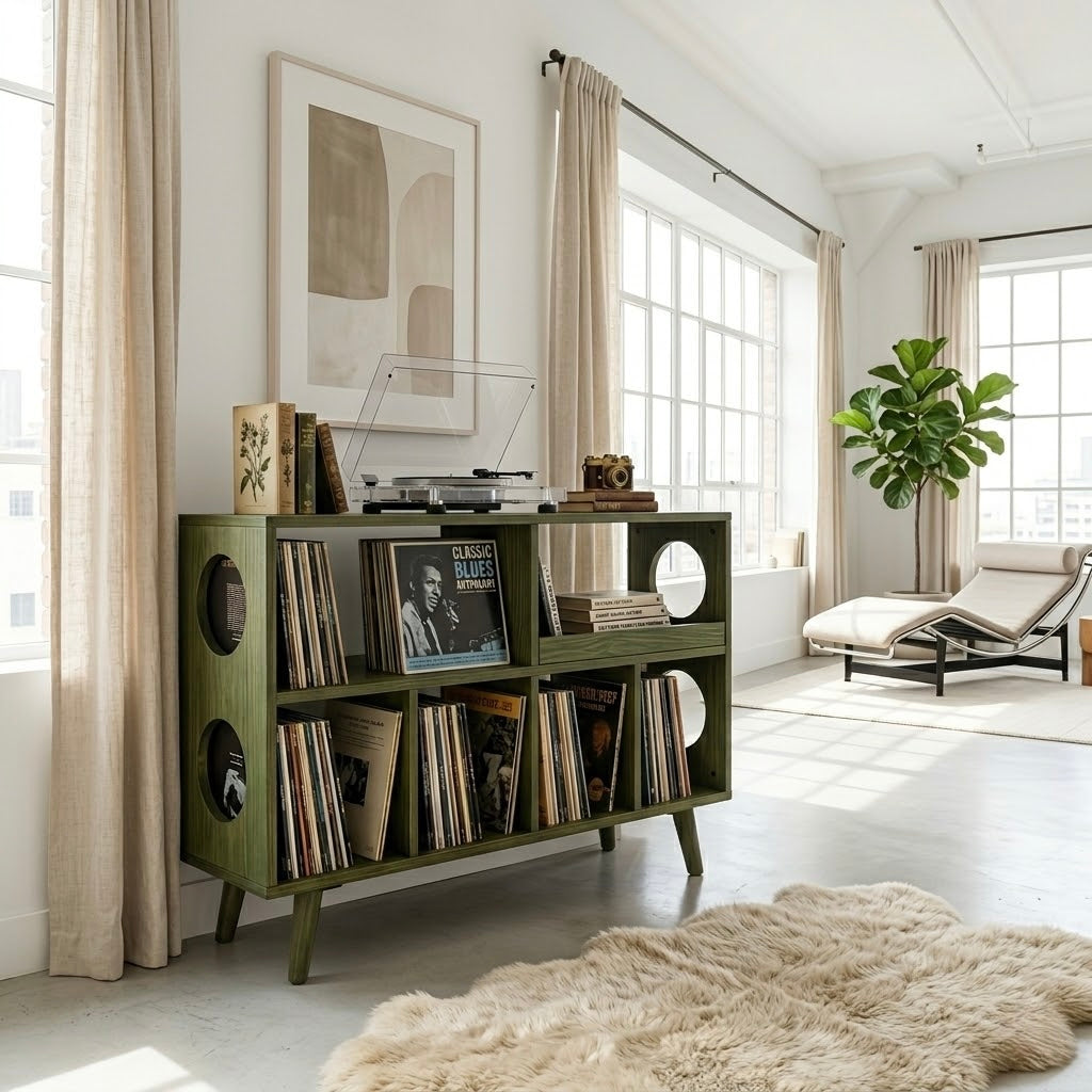 Record Player Stand with Vinyl Storage, Solid Wood Media Console, Mid Century Modern LP Record Cabinet