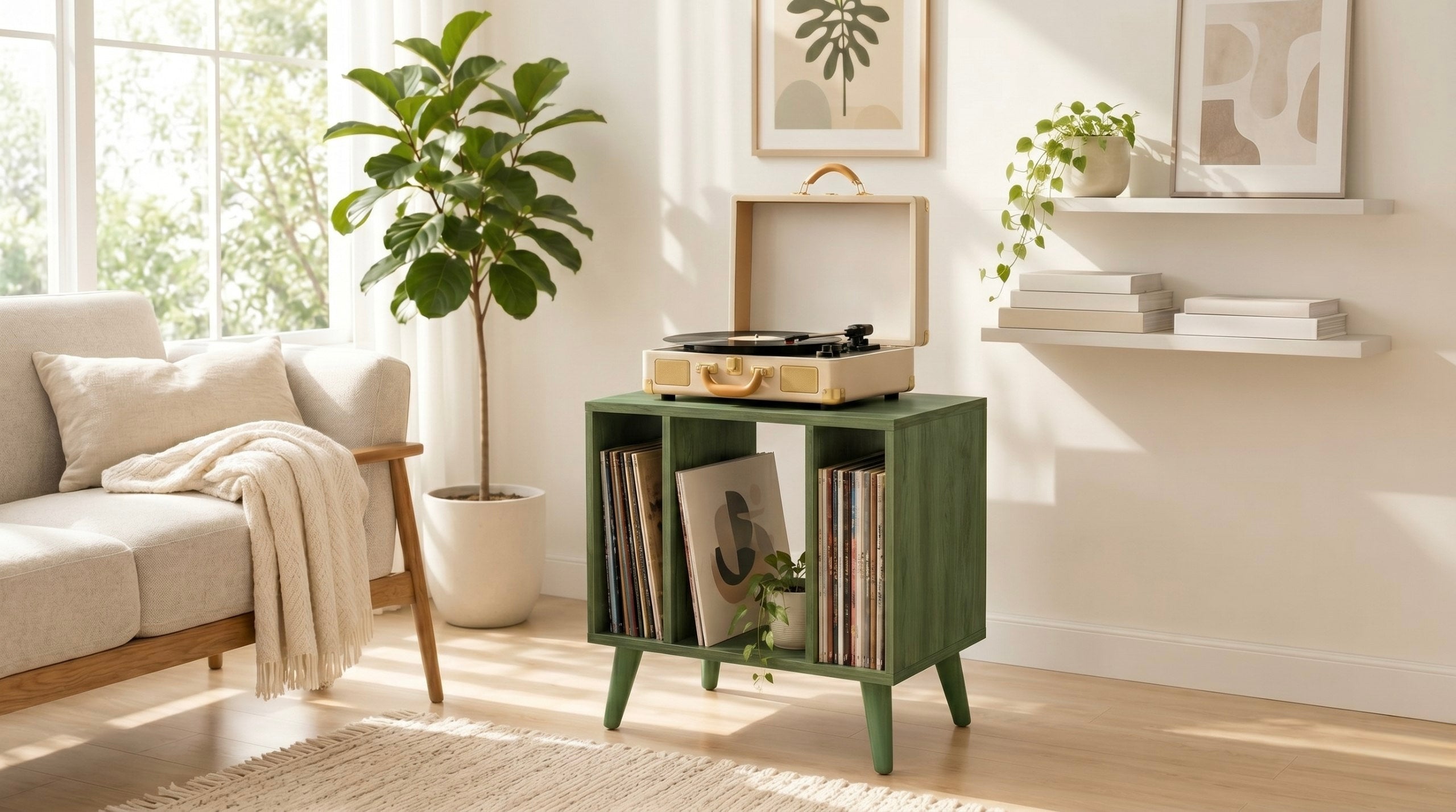 Mid Century Modern Vinyl Record Stand | Wooden Turntable Storage Cabinet | Record Player Table
