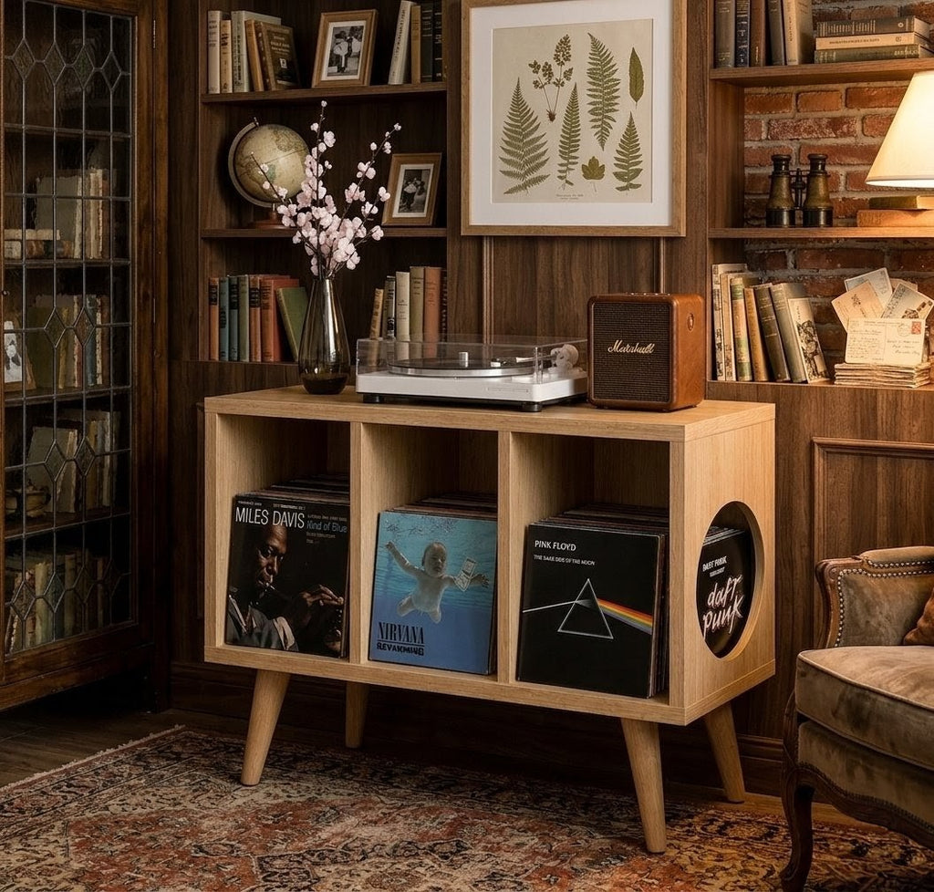 Mid Century Modern Vinyl Record Stand | Wooden Turntable Storage Cabinet | Record Player Table