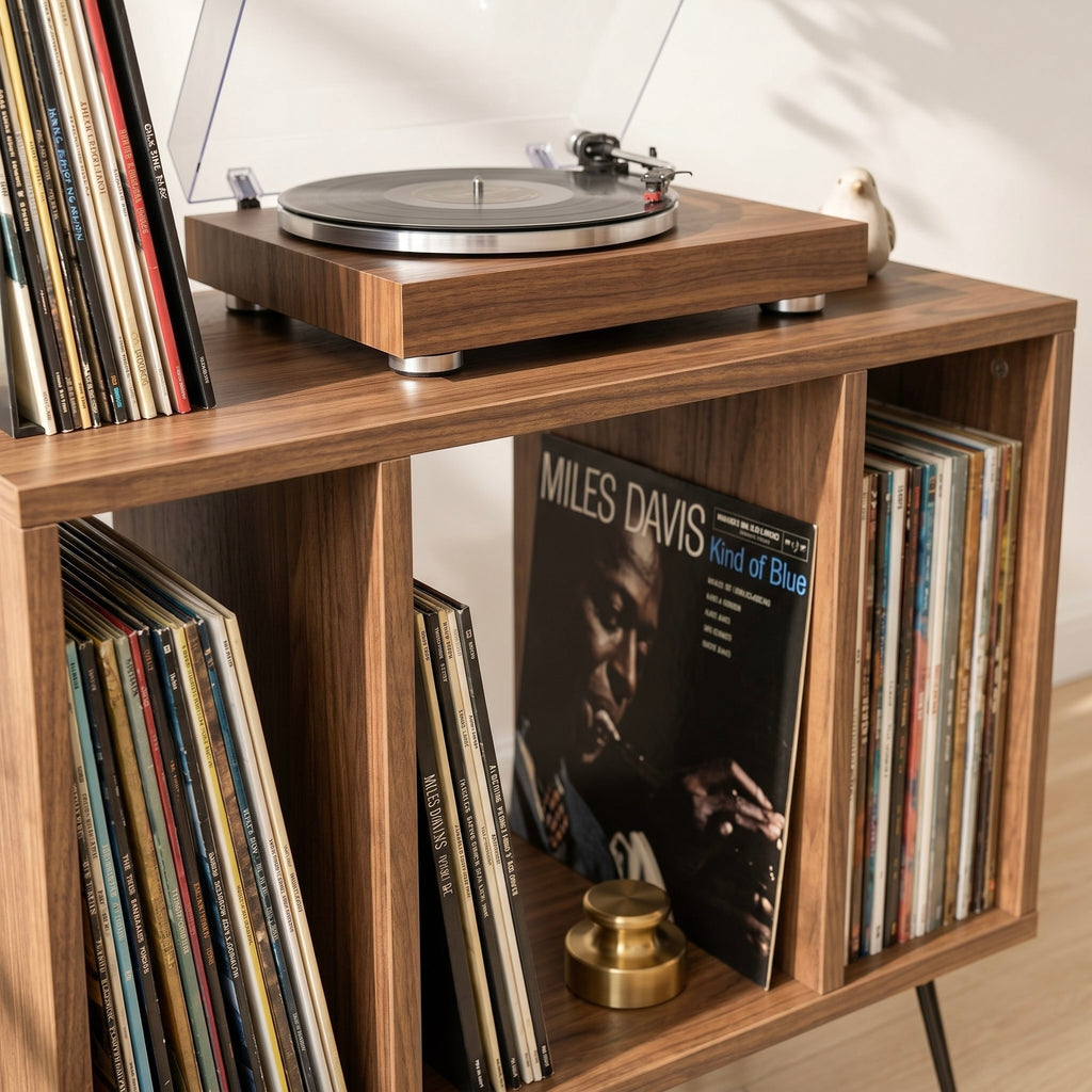 Mid Century Modern Vinyl Record Stand | Wooden Turntable Storage Cabinet | Record Player Table