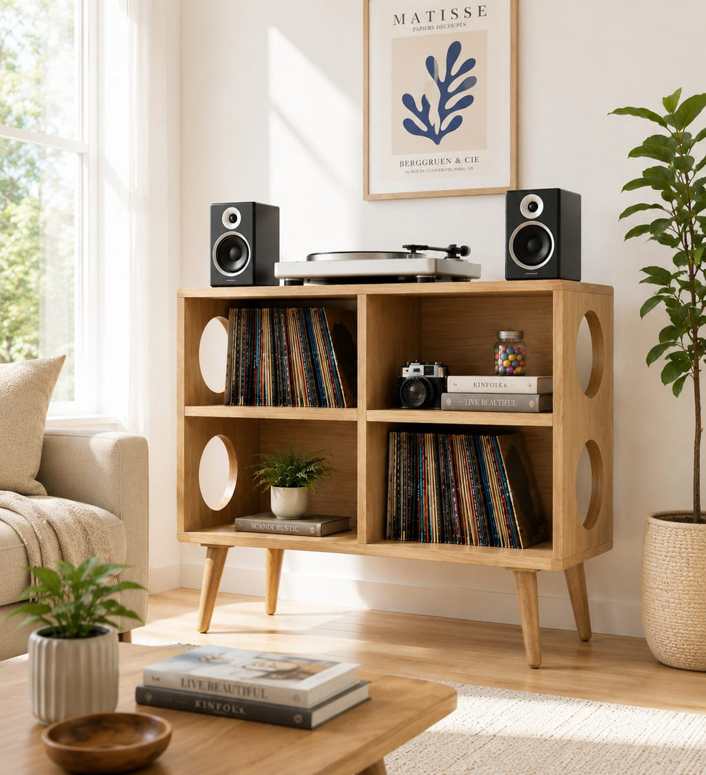 Mid Century Modern Vinyl Record Stand | Wooden Turntable Storage Cabinet | Record Player Table