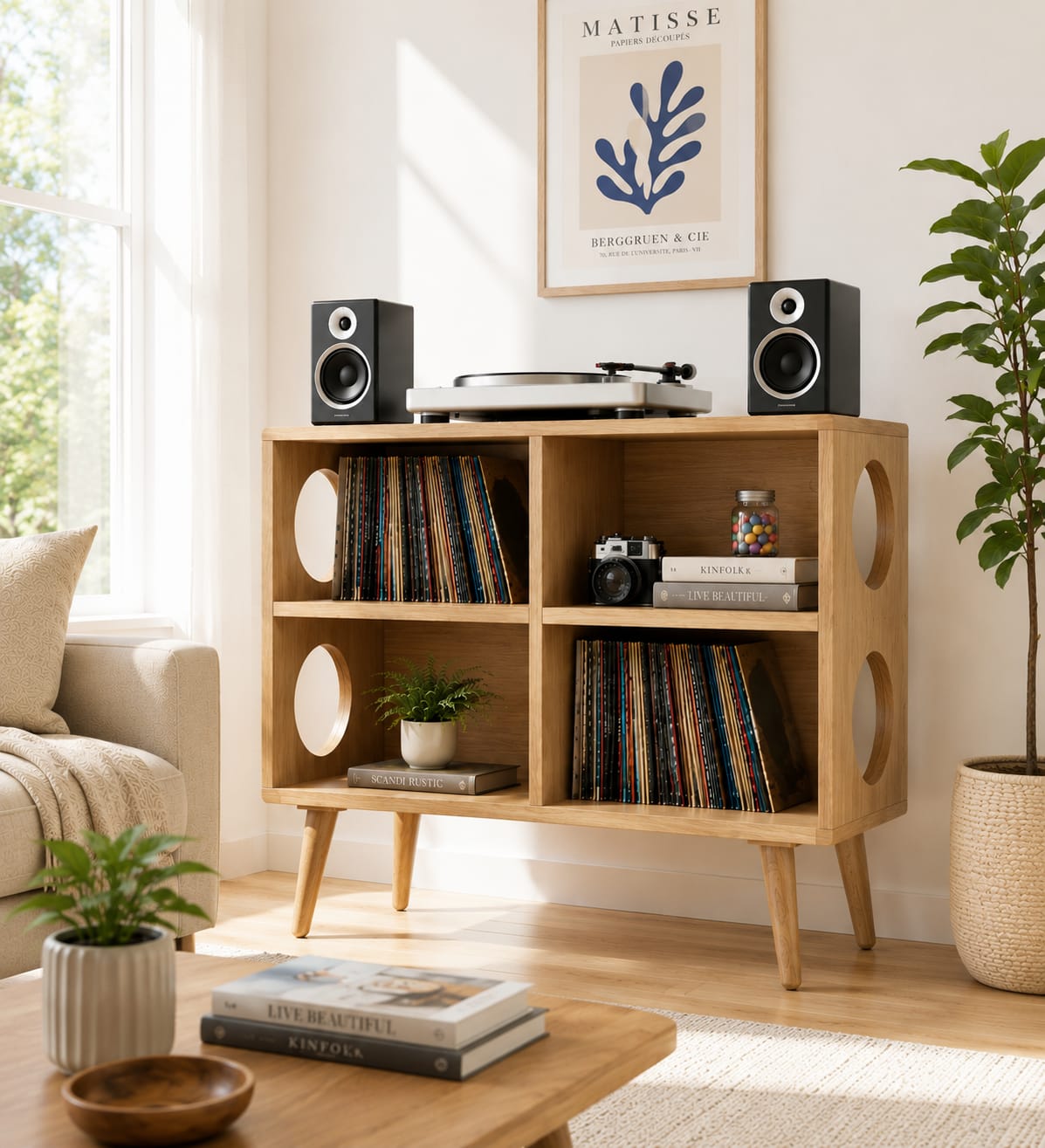 Mid Century Modern Vinyl Record Stand | Wooden Turntable Storage Cabinet | Record Player Table