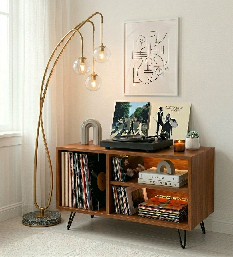 Mid Century Modern Record Player Stand | Vinyl Storage Cabinet | Wooden Turntable Stand