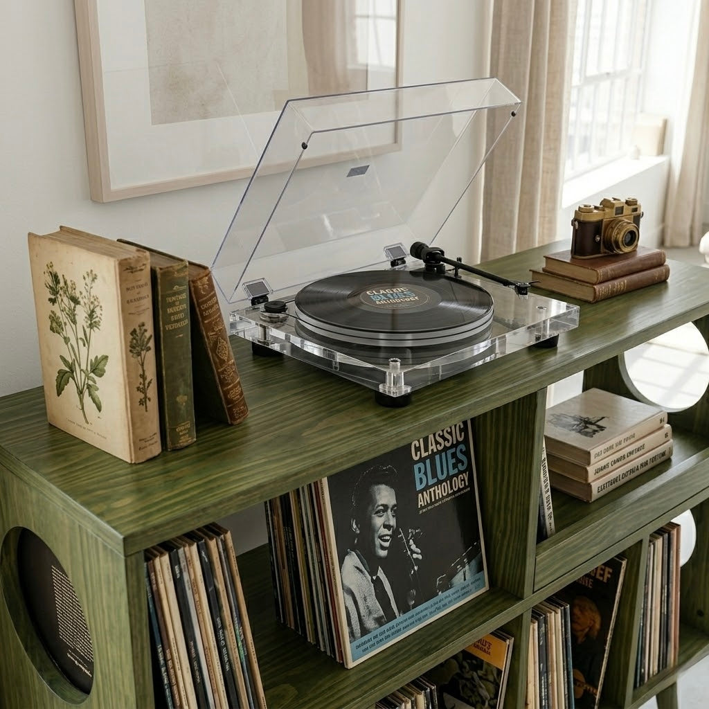Record Player Stand with Vinyl Storage, Solid Wood Media Console, Mid Century Modern LP Record Cabinet