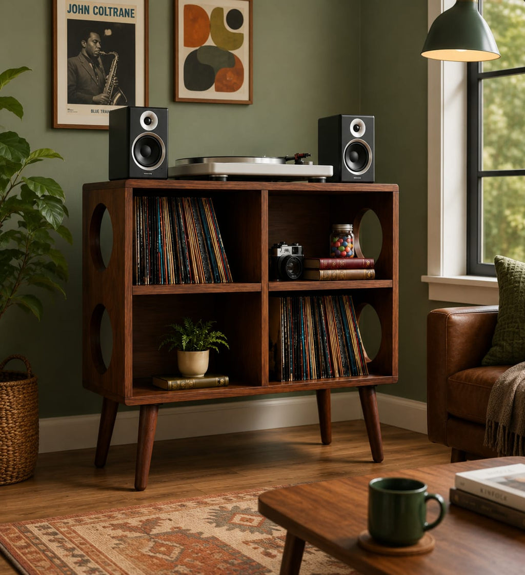 Mid Century Modern Vinyl Record Stand | Wooden Turntable Storage Cabinet | Record Player Table