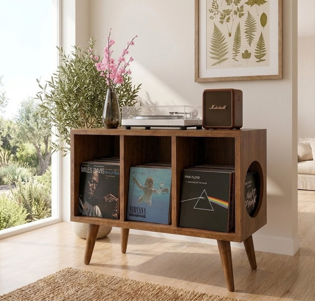 Mid Century Modern Vinyl Record Stand | Wooden Turntable Storage Cabinet | Record Player Table