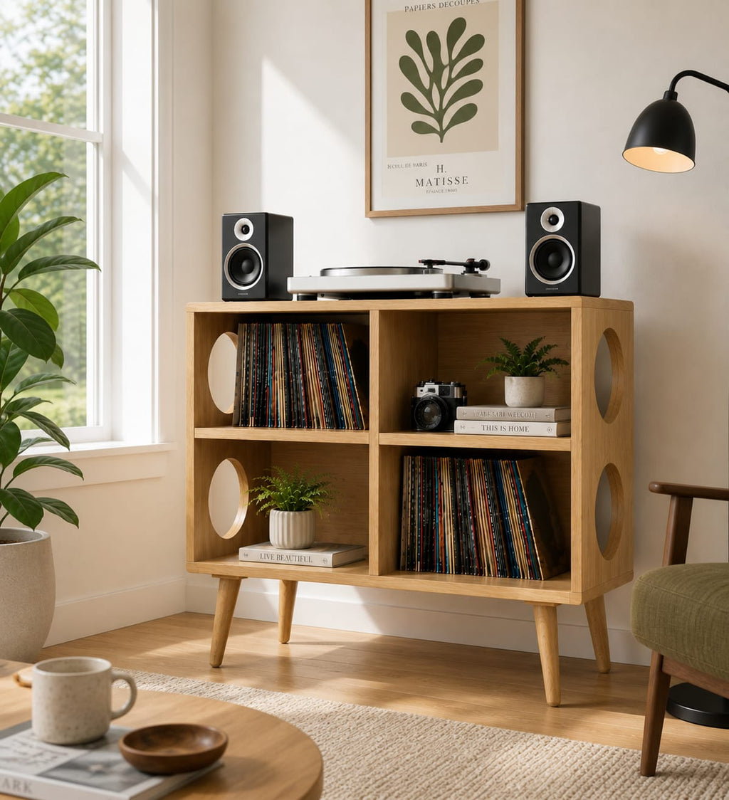 Mid Century Modern Vinyl Record Stand | Wooden Turntable Storage Cabinet | Record Player Table