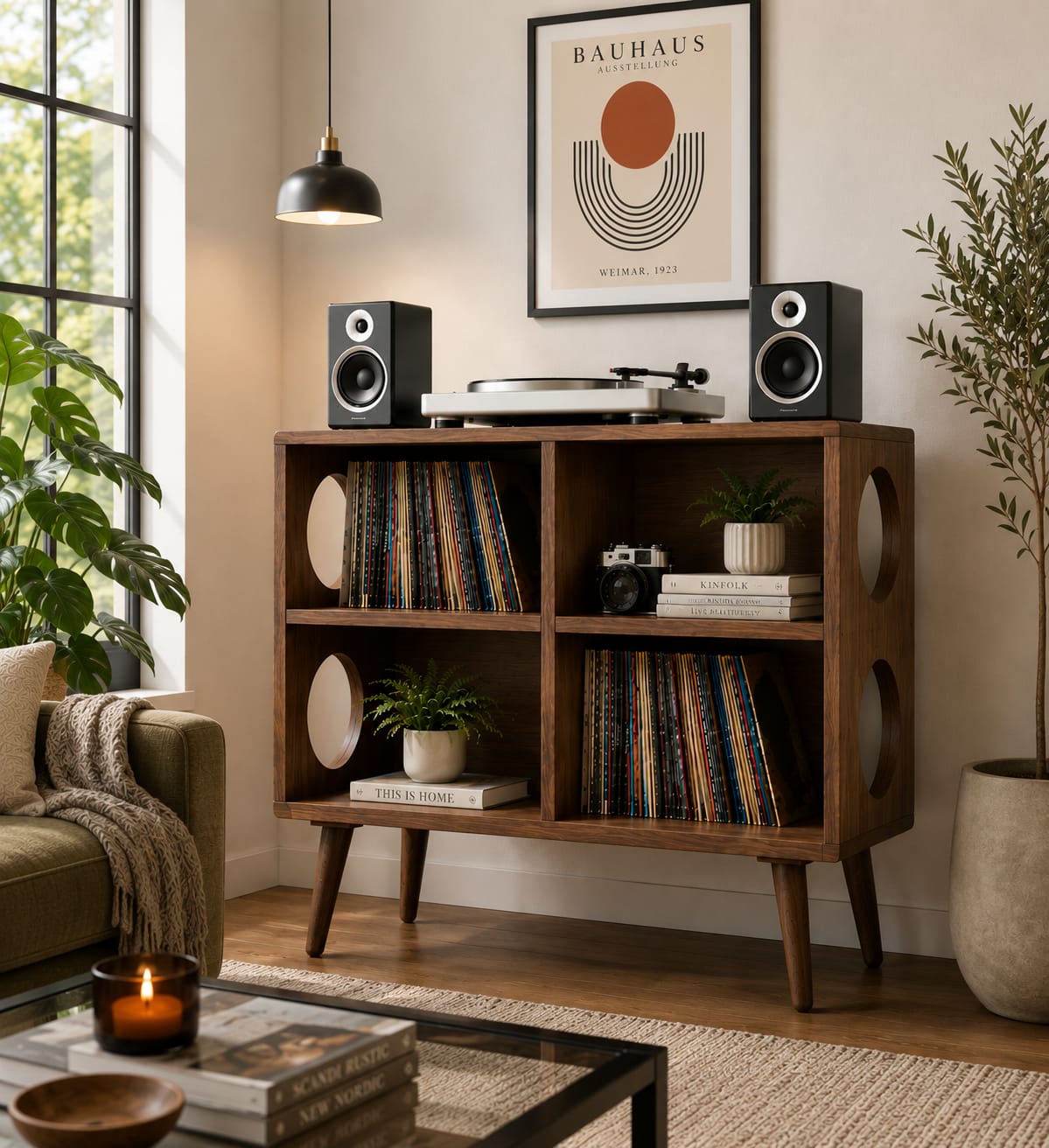 Mid Century Modern Vinyl Record Stand | Wooden Turntable Storage Cabinet | Record Player Table