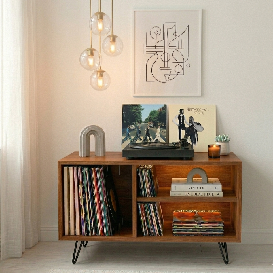 Mid Century Modern Record Player Stand | Vinyl Storage Cabinet | Wooden Turntable Stand