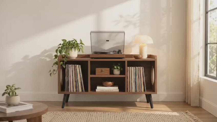 ミッドセンチュリー調レコードプレーヤーテーブル – レコード収納＆LP整理棚付きターンテーブルスタンド