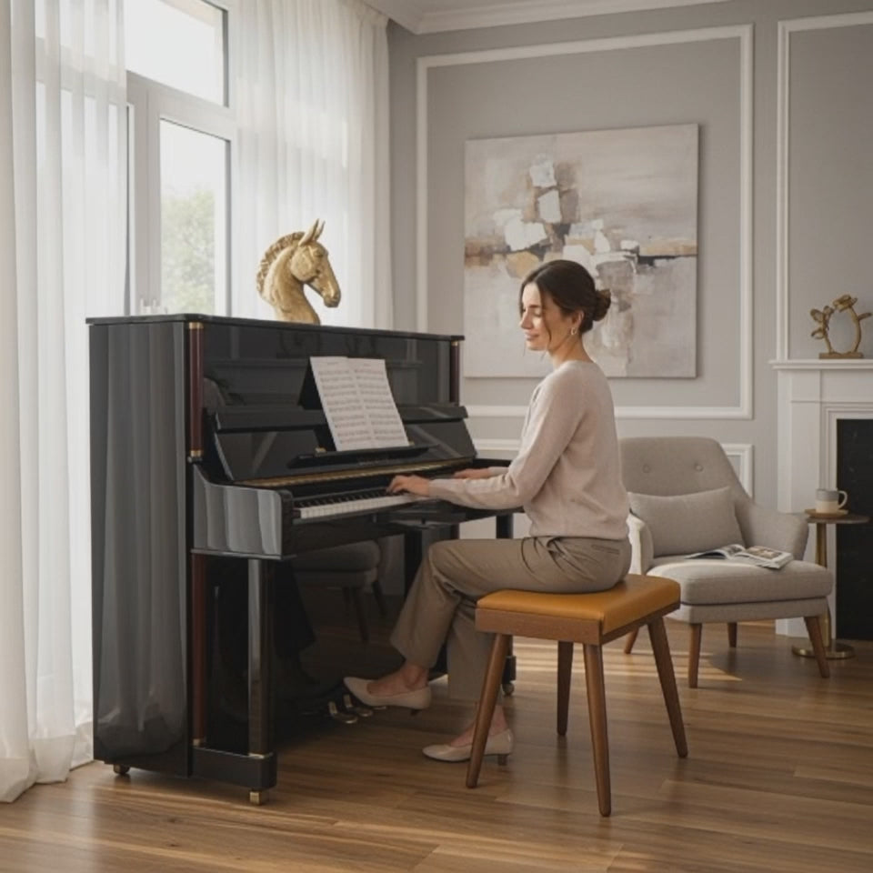 Solid Wood Piano Bench with Leather Upholstered Seat – Wooden Keyboard Stool & Music Bench
