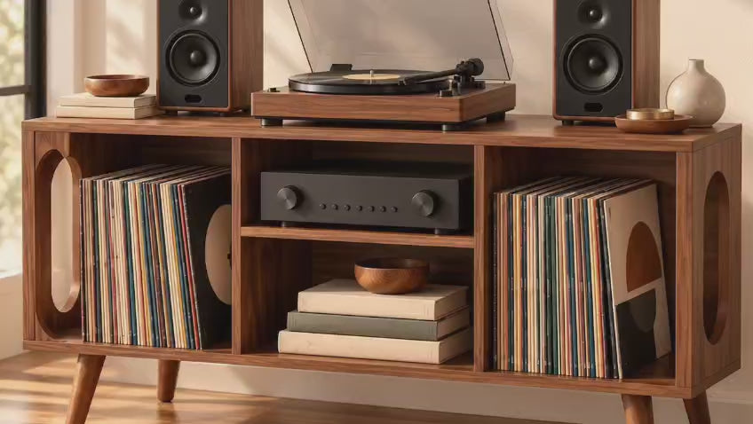 Vinyl Record Storage Console with Turntable Stand – Modern LP Media Cabinet
