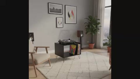 Modern Record Player Stand with Vinyl Storage, MDF Turntable Cabinet, LP Record Organizer, Mid Century Media Console
