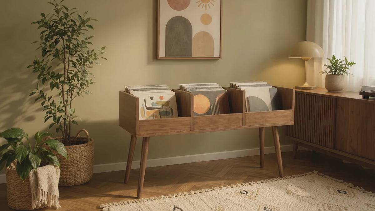 Mid-Century Vinyl Record Storage Stand – 3-Compartment LP Organizer & Record Display Cabinet