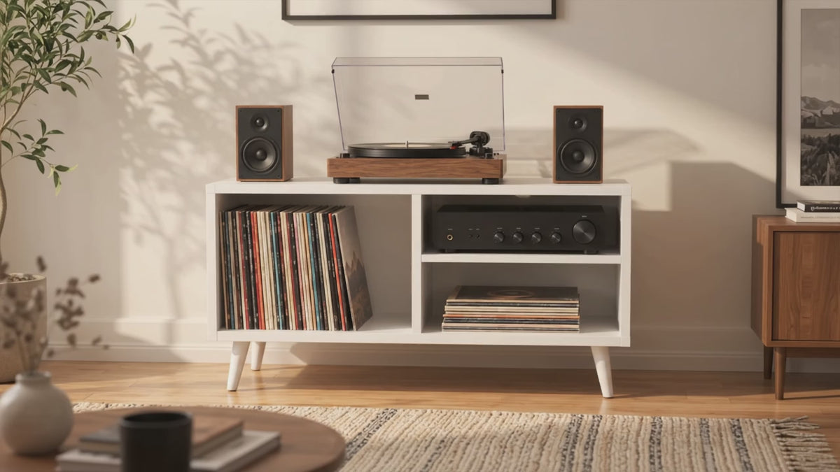 Modern Record Player Stand with Vinyl Storage – Turntable Table & LP Organizer