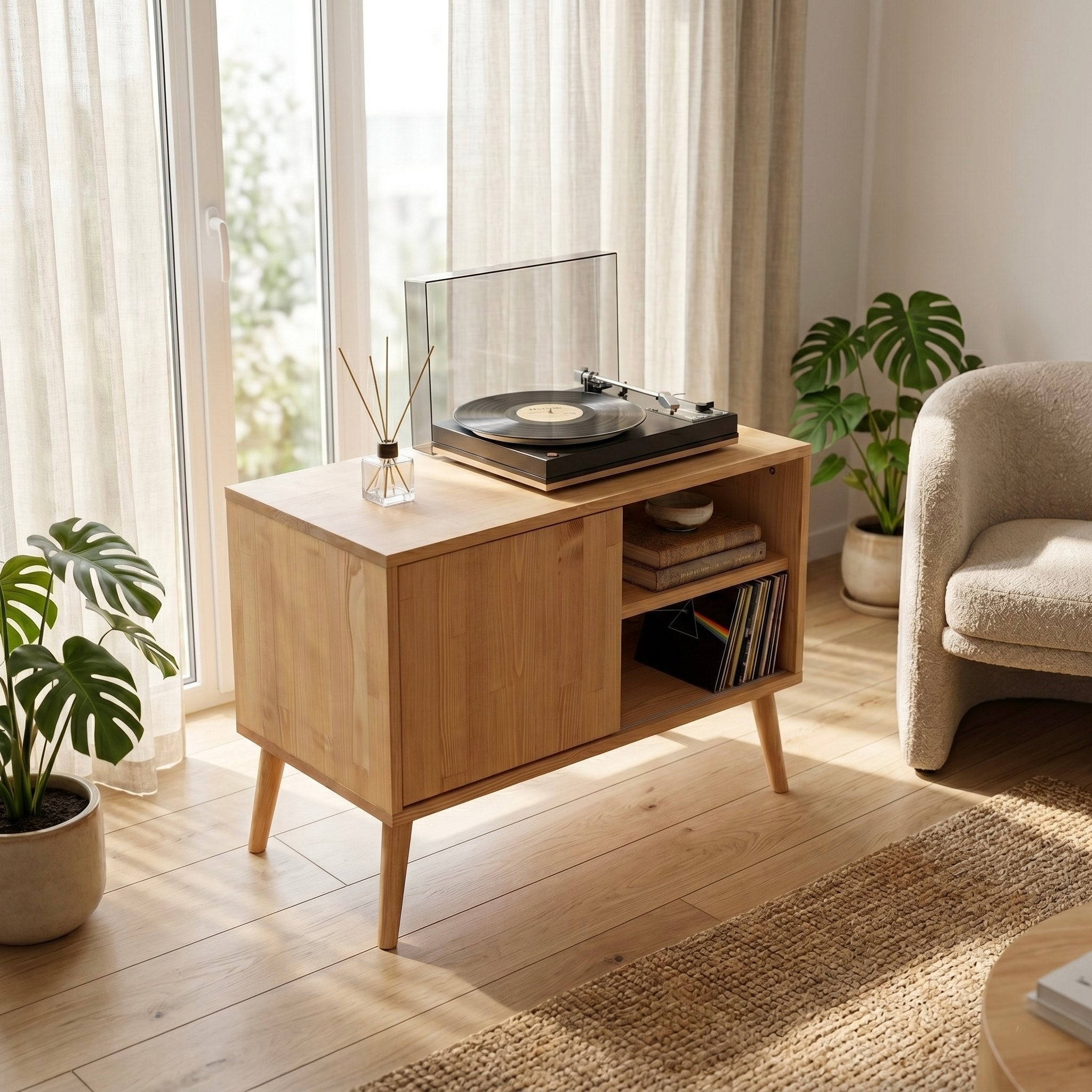 Modern Vinyl Record Stand | Wooden Turntable Storage Cabinet | Record Player Table