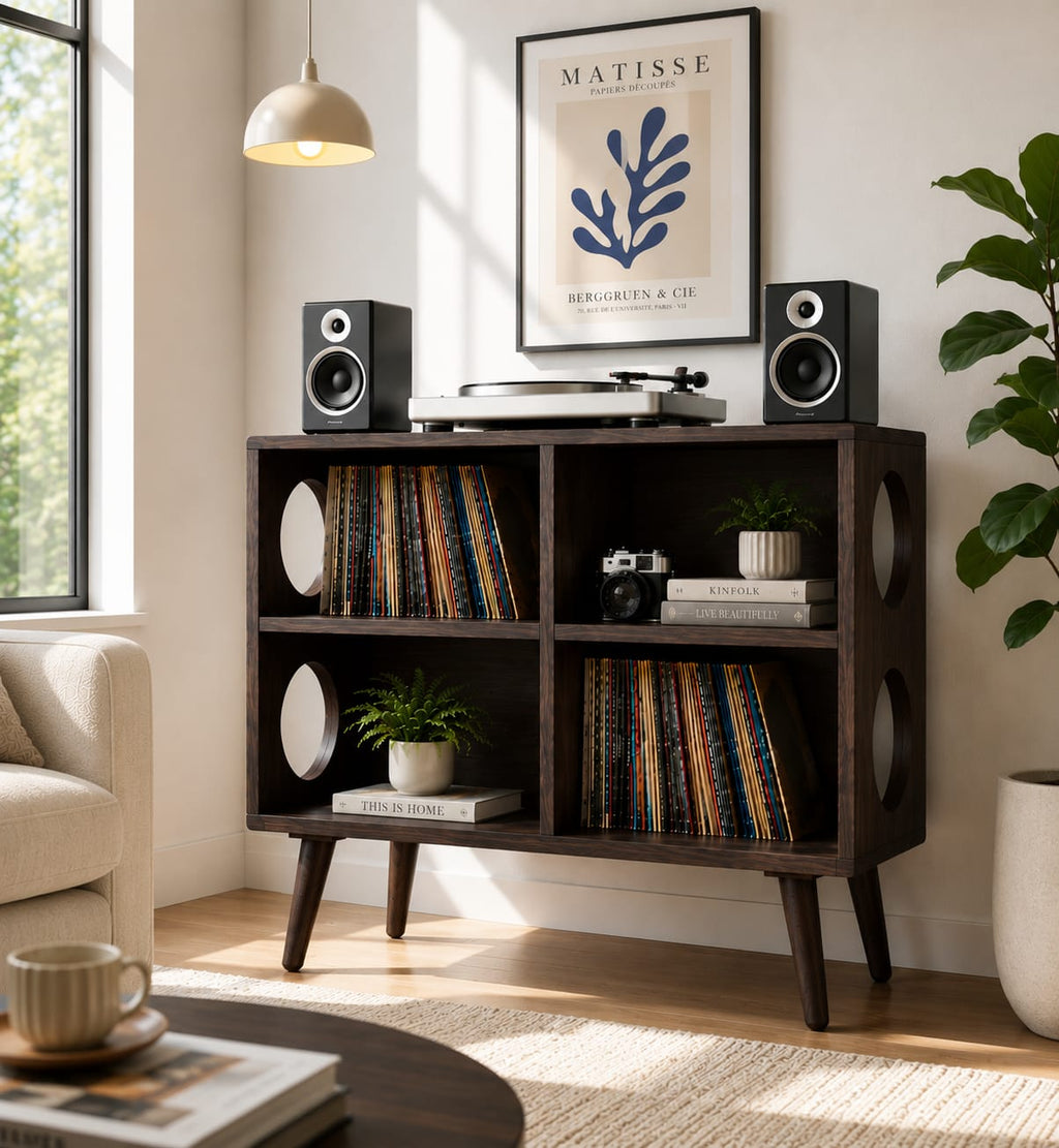 Mid Century Modern Vinyl Record Stand | Wooden Turntable Storage Cabinet | Record Player Table