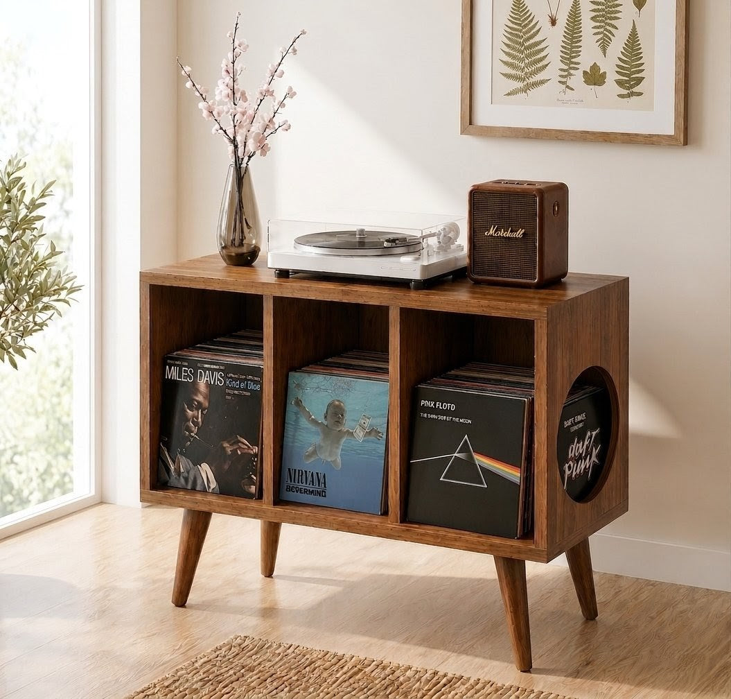 Mid Century Modern Vinyl Record Stand | Wooden Turntable Storage Cabinet | Record Player Table