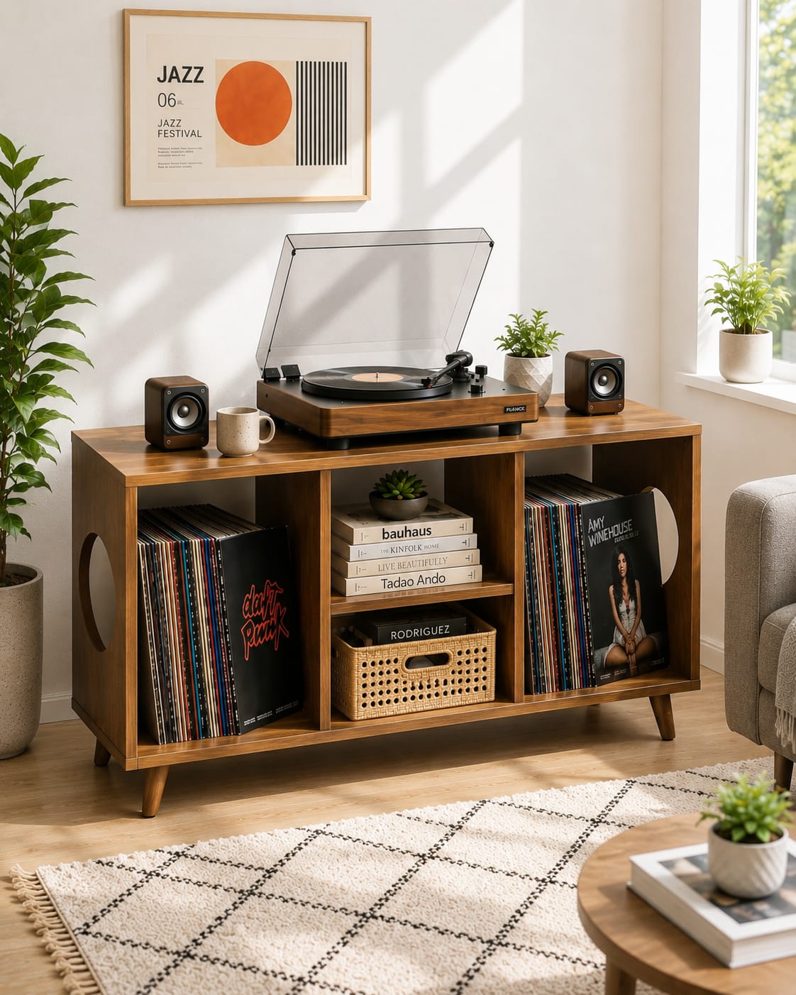 Solid wood vinyl storage, Midcentury record player stand, Modern Turntable stand , Lp Organizer