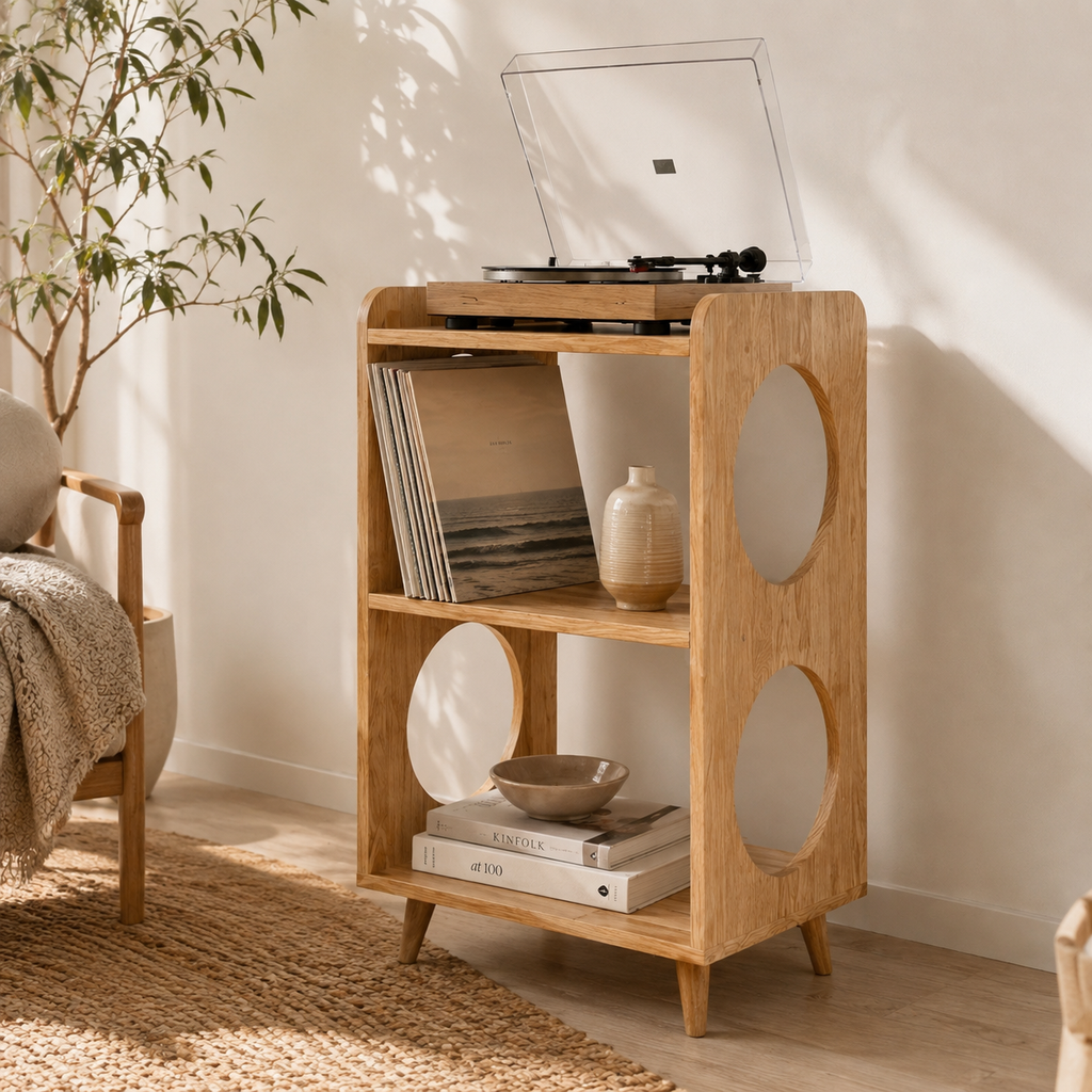 Mid-Century Record Player Stand with Vinyl Storage – Narrow Turntable Stand & LP Organizer