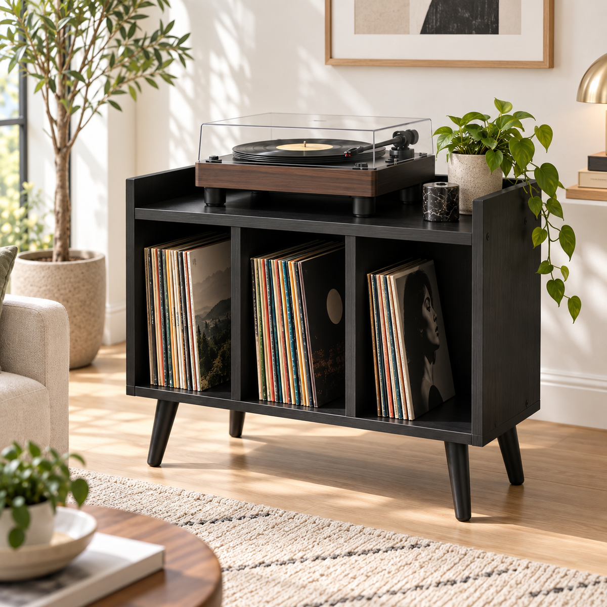 Compact Record Player Stand with Vinyl Storage – 60 cm Turntable Cabinet