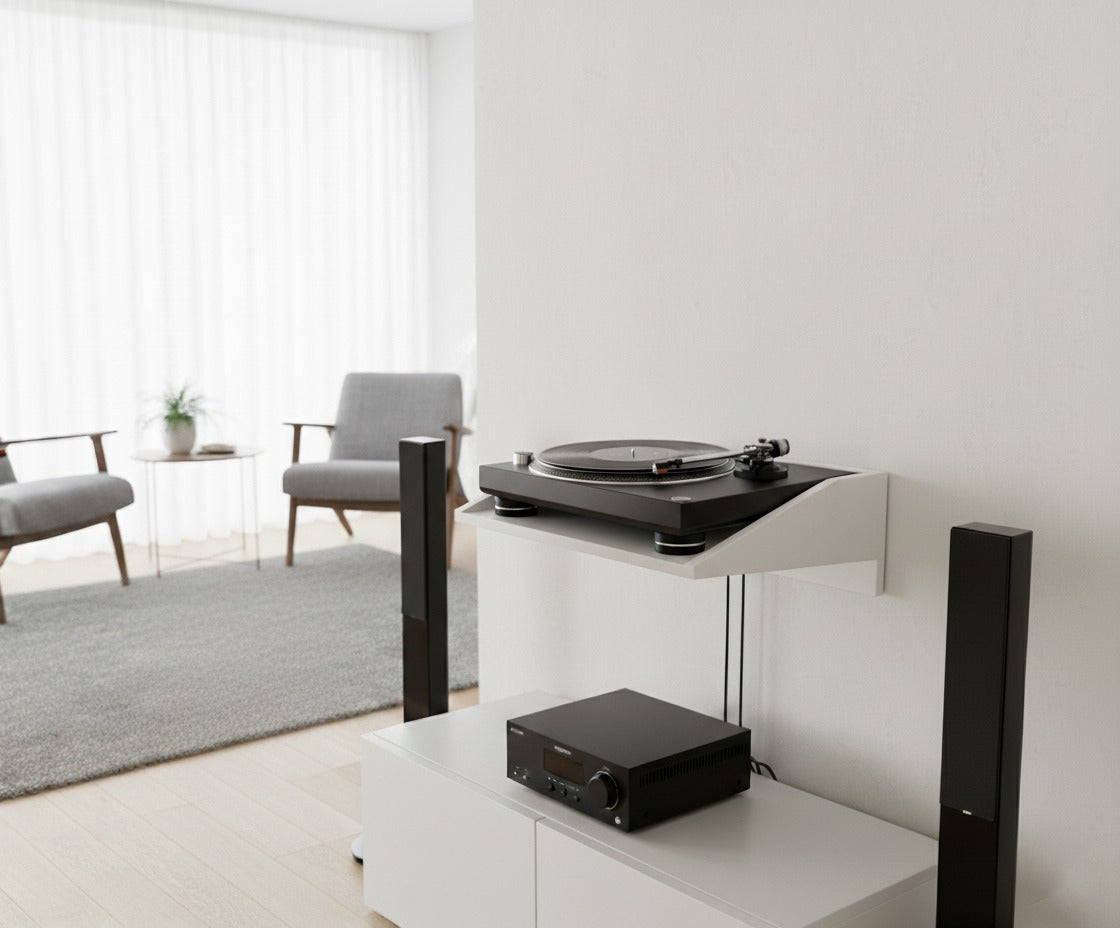 レコードプレーヤー・プロジェクター・音響機器用カスタムMDFフローティングウォールシェルフ – モダンな省スペースディスプレイ