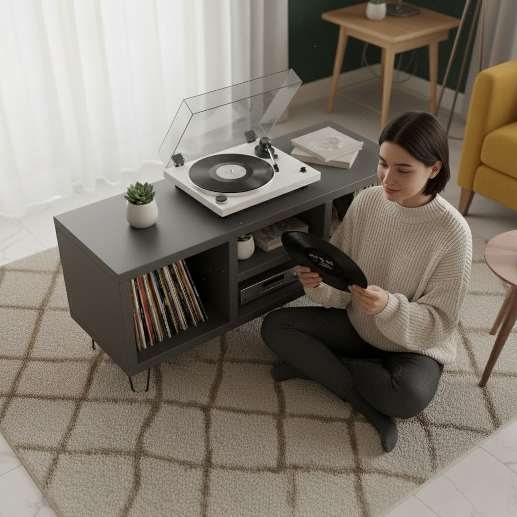 Low Profile Record Player Stand with Vinyl Storage – Turntable Cabinet & LP Organizer