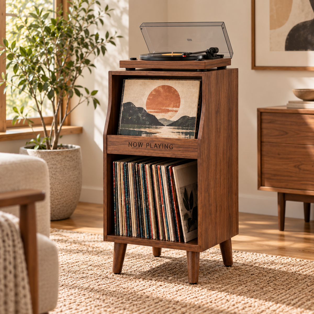 Tall Narrow Record Player Stand with Vinyl Storage – Compact Turntable Cabinet