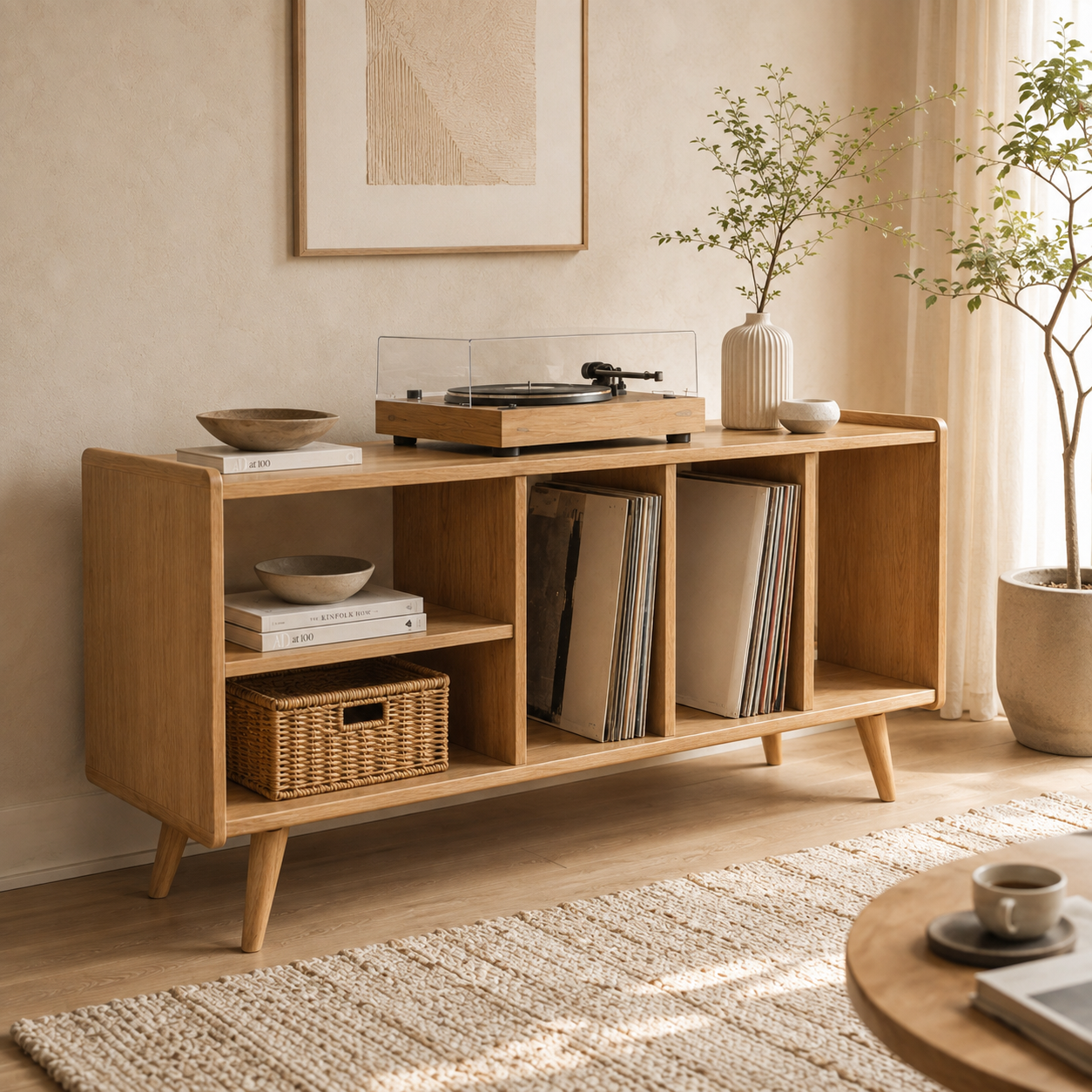 Mid-Century Record Player Stand with Vinyl Storage – Turntable Console & LP Storage Cabinet