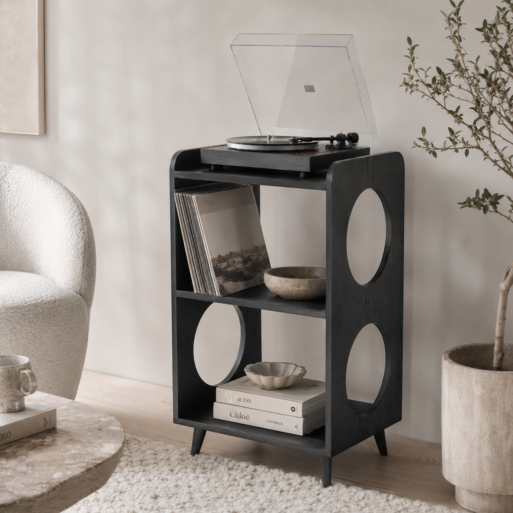Mid-Century Record Player Stand with Vinyl Storage – Narrow Turntable Stand & LP Organizer