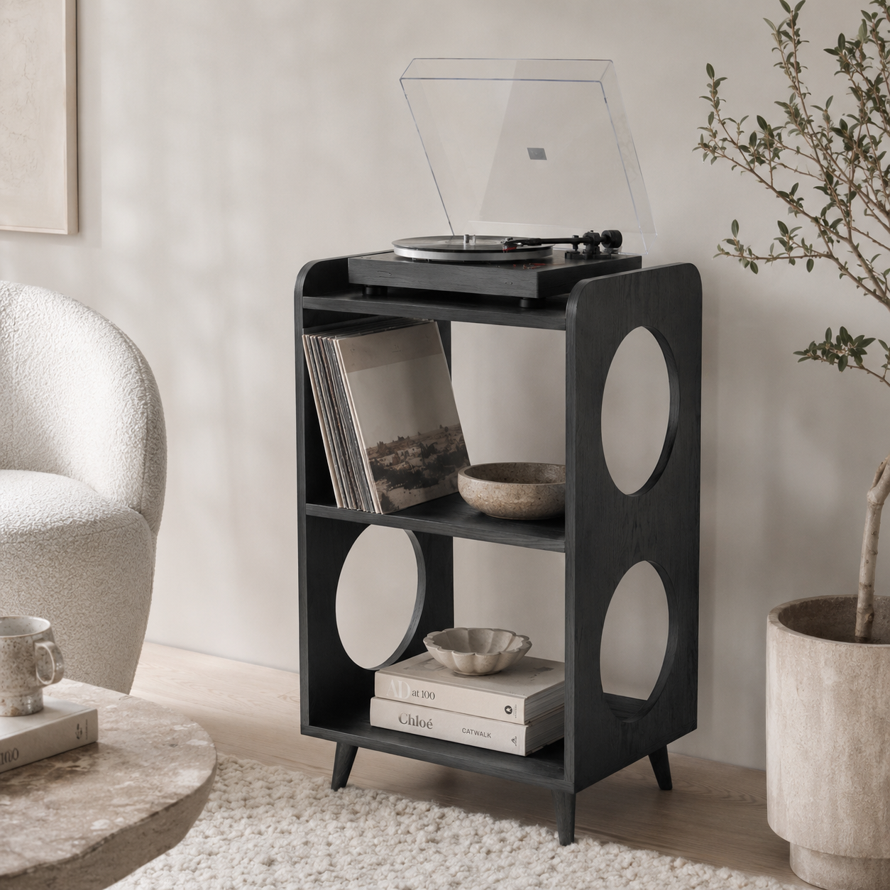 Mid-Century Record Player Stand with Vinyl Storage – Narrow Turntable Stand & LP Organizer
