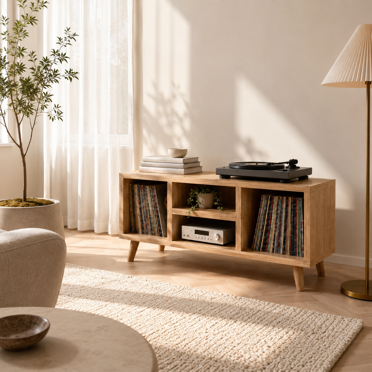 Modern Record Player Stand with Vinyl Storage – Turntable Stand & LP Organizer