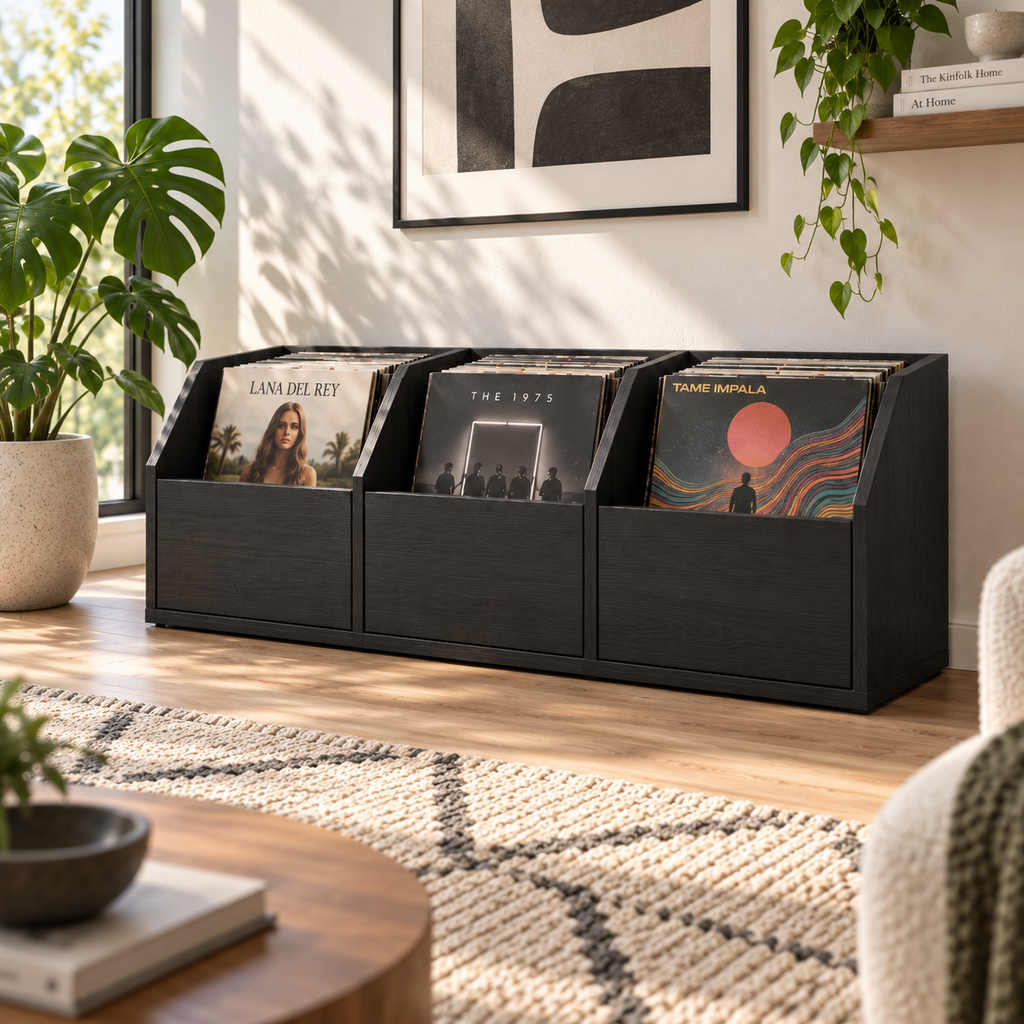 Vinyl Record Player Stand with Storage, Modern Turntable Console, LP Organizer Cabinet, Record Storage Shelf, Music Room Furniture, MDF